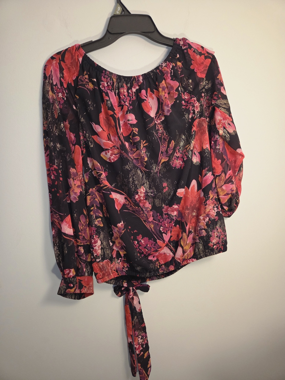 CeCe Black Floral Off-Shoulder Blouse with Tie Hem